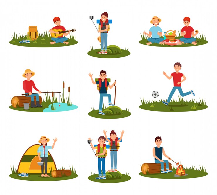 Vektor sommer outdoor-aktivitäten. kind spielt fußball, mann kocht würstchen in flammen, paar auf picknick, leute in der wanderung, kerl, der gitarre an der natur spielt. flaches set