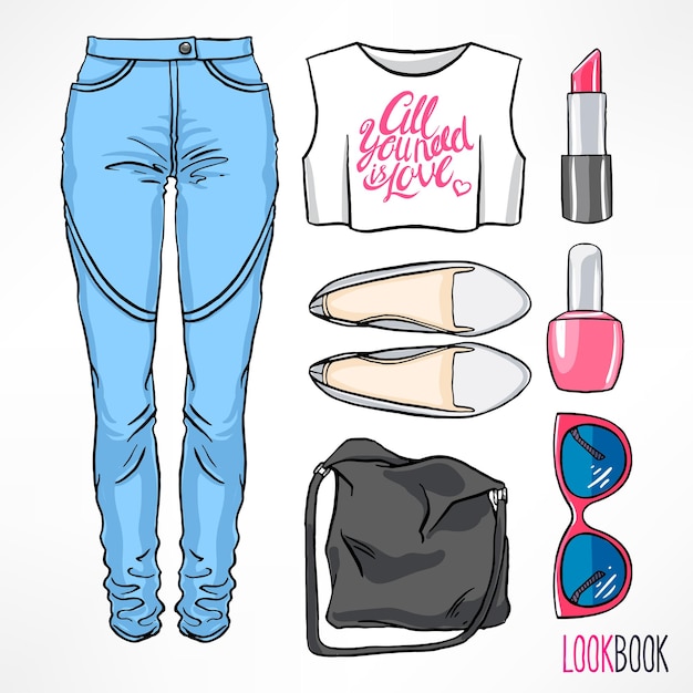 Sommer-outfit der frau. jeans und accessoires. handzeichnungsillustration