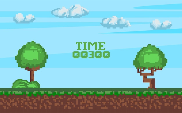 Sommer-Pixelspiel Retro-Kunstspiele 8-Bit-Pixel-Plattformspiel-Ressource Vektorillustrationx9