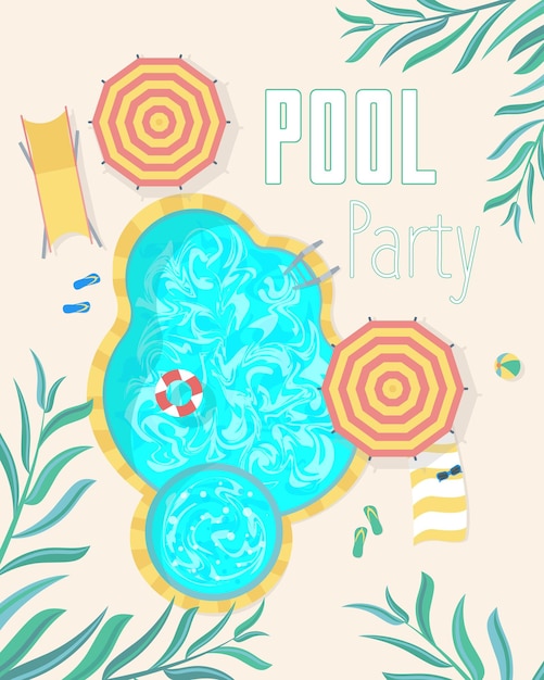 Sommer-pool-party-einladungs-plakat-karte feiertags-entspannungs-strand-ereignis-draufsicht. vektor-illustration