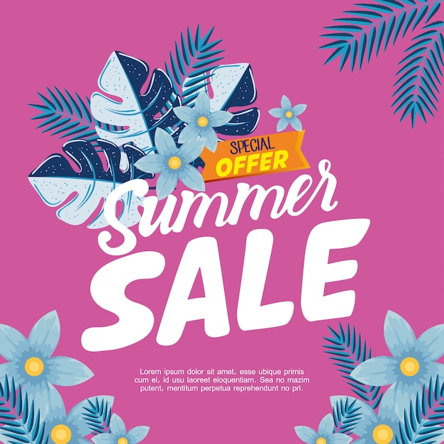 Sommer sale banner, saison rabatt poster mit blumen und tropischen blättern, einladung zum einkaufen mit summer sale sonderangebot etikett