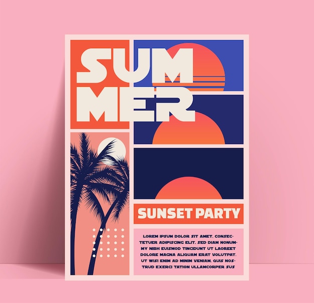 Sommer-sonnenuntergang oder sommer-strandparty-flyer oder poster oder banner-design-vorlage im retro-stil