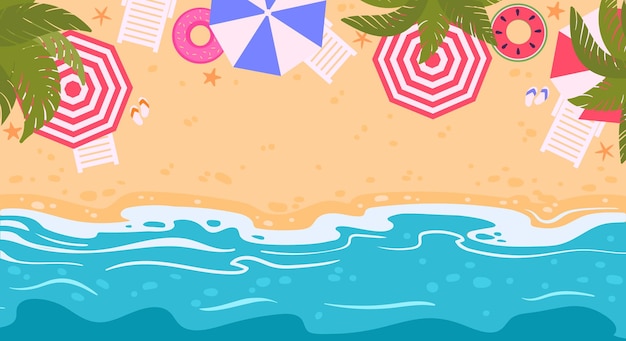 Sommer-Strand-Toppansicht Aktueller Meeransicht von oben Naturparadies Meeransicht mit Regenschirm und Strandlehne flache Vektorillustration Cartoon-Sandstrandansicht