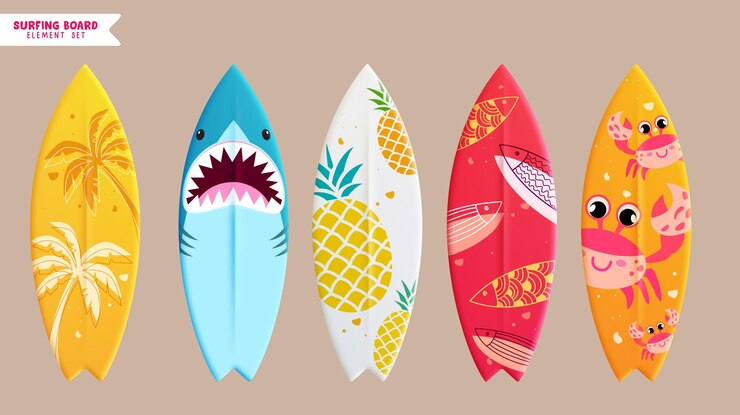 Vektor sommer-surfbrett-element-vektor-set sommersurfbrett mit hai-ananas-fisch und krabbe
