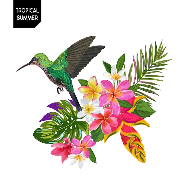 Sommer-tropischer kolibri und blumen