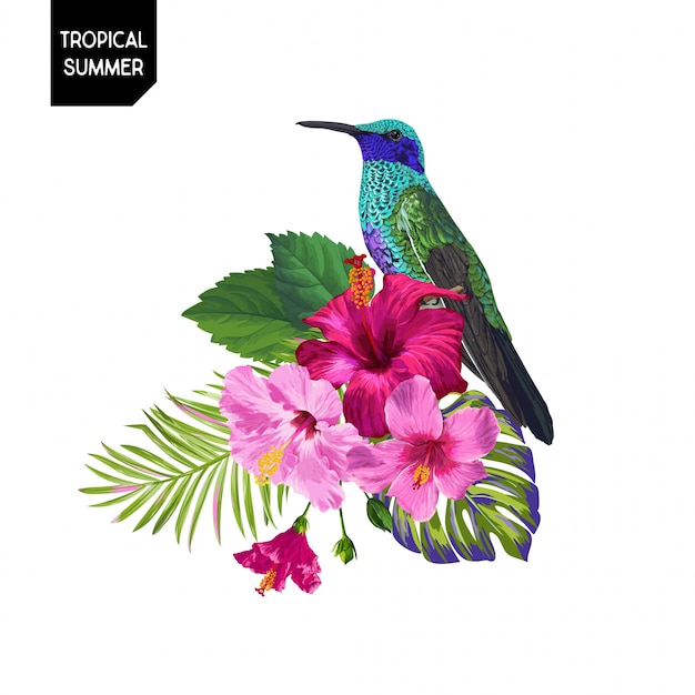 Vektor sommer-tropischer kolibri und blumen