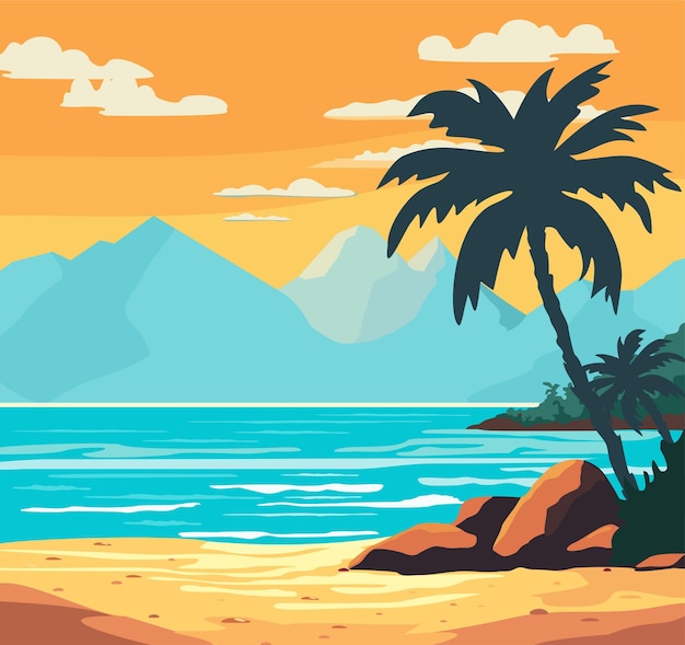 Sommer tropischer Strandhintergrund mit Palmen Himmel Sonnenaufgang und Sonnenuntergang Sommerferienhintergrund