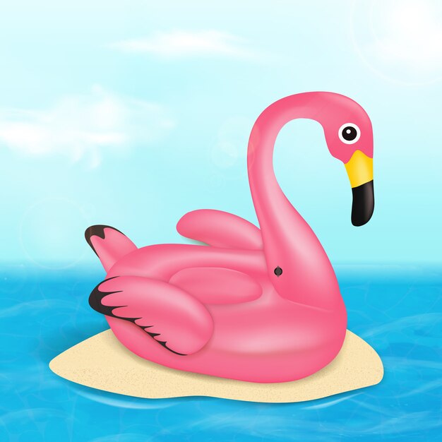 Sommer Vektor Banner Design-Konzept mit rosa Flamingo Pool Float, helle Sonne und Ozean. Sommerferienurlaub, Reisen, tropischer Strand und Seeillustration.