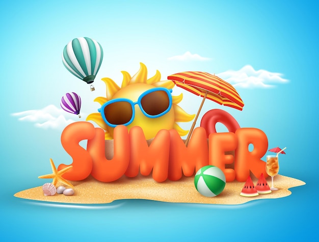 Sommer-Vektor-Banner-Design-Konzept von 3D-Text in Strandinsel mit Sommerelementen