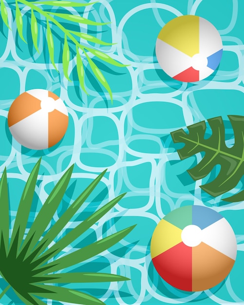 Vektor sommer-vektor-hintergrund mit strandkugeln und blättern für banner, postkarten und flyer