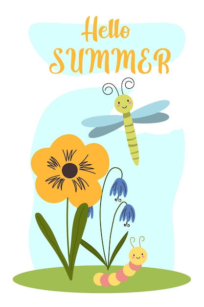 Sommer vektor illustration vorlage sommerwiese natur hintergrund mit käfern pflanzen kamillenblüten grünes feld gras grußkarte eps