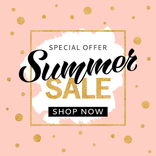 Sommer verkauf banner design-vorlage mit goldenem glitzer und schriftzug für flyer, einladung, poster, website. sonderangebot, saisonale verkaufsanzeige.