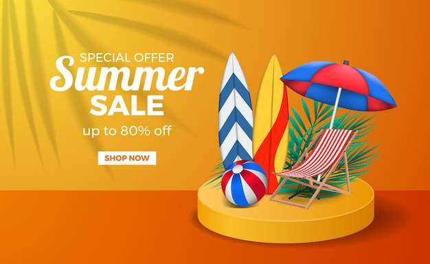Sommer Verkauf Poster Banner Vorlage mit Podium Bühne Orange warme Farbe mit Surfbrett, Ball und Stuhl
