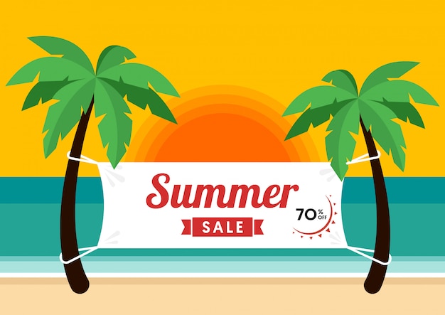 Sommer verkauf promotion banner sonderangebot und rabatt vorlage dekorativ mit strand hintergrund