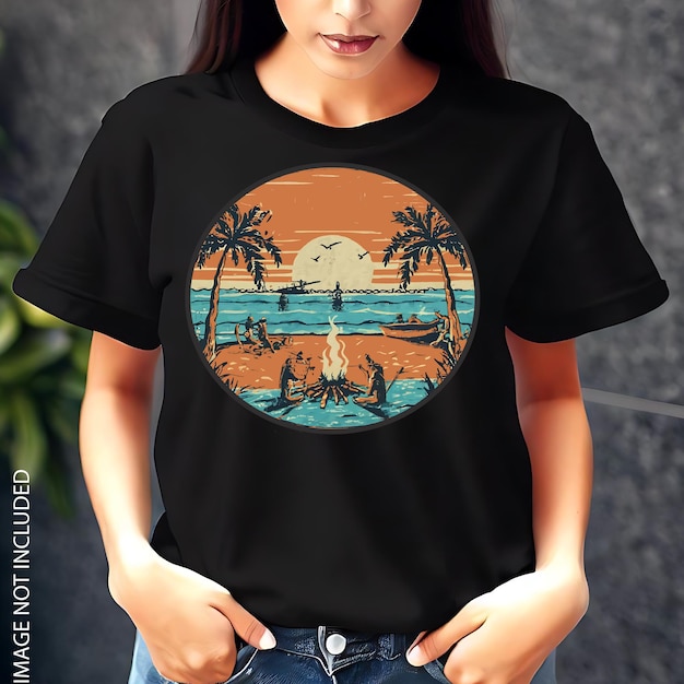 Sommer-vibes-mode vector-t-shirt-design für männer und frauen mit strandboot und palme