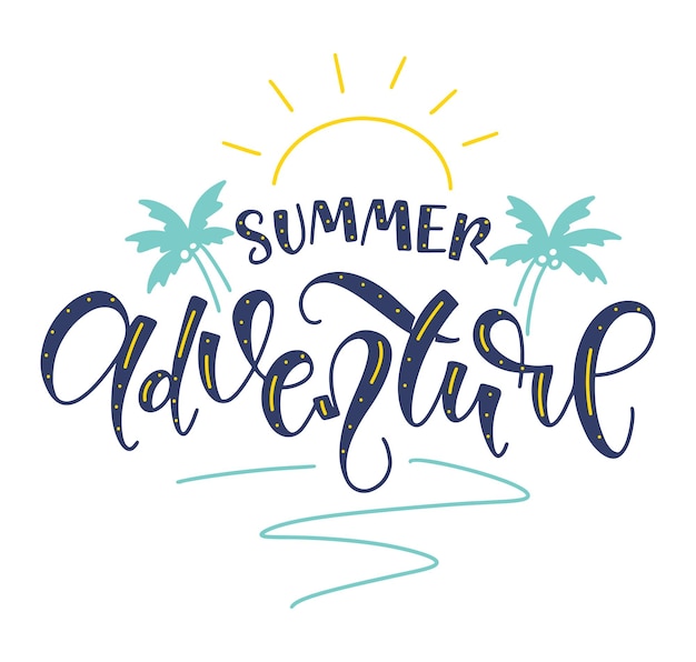 Sommerabenteuer Handgezeichneter farbiger Schriftzug mit Doodle-Palme und Sonne