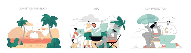 Sommeraktivitäten ein Trio von Illustrationen, die Freizeitszenen darstellen ein Sonnenuntergang am Strand ein freundliches BBQ