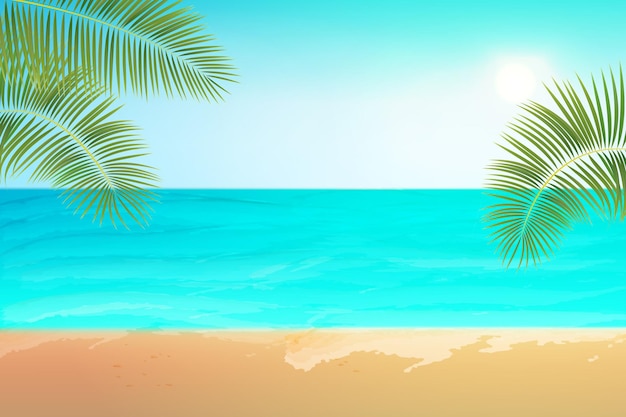 Sommeransicht des Strandes Tropischer Hintergrund für Sommerferien Meersandhimmelflugzeugwellensonne