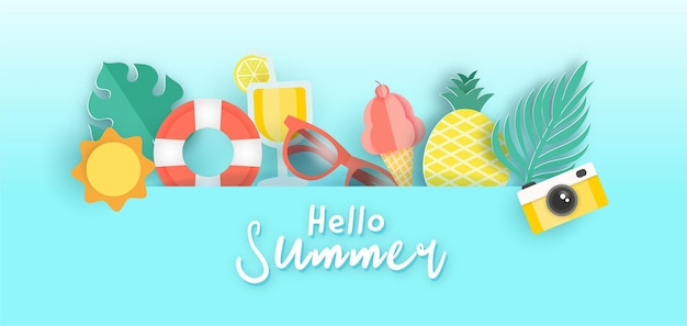 Sommerbanner mit tropischem Flamingo und Sommerelementen.