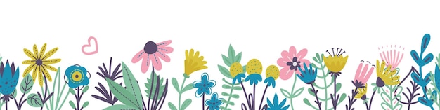 Sommerblumen-Wildwiese nahtloser Rand Frühlingsblumen und grüne Zweige Dekorativer bunter Natur-Wandaufkleber-Trennwand-Vektordruck Illustration einer Wiese mit Blumen- und Botanikmuster nahtlos