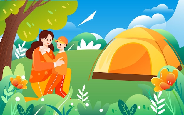 Sommercamping im Freien Familienpicknickparty auf Graszeltvektorillustration