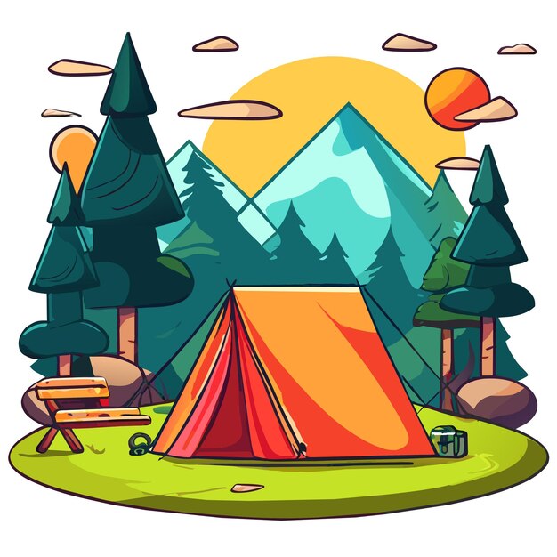 Sommercamping-waldzeltgerät handgezeichnetes flaches stilvolles cartoon-sticker-ikon-konzept isoliert