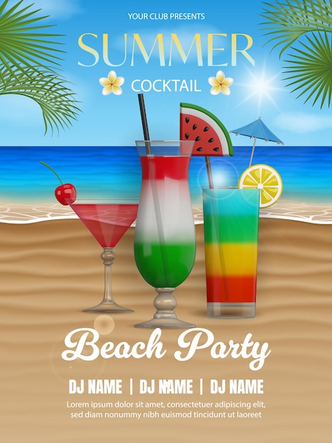 Sommercocktail auf dem Strand Beach Party Poster mit Cocktails auf der Strandlandschaft