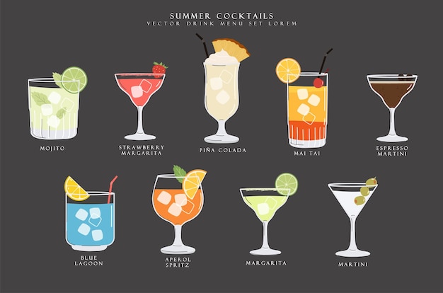 Sommercocktails setzen alkoholische Getränke in verschiedenen Gläsern Cocktail-Menü-Illustration schwarze Karte
