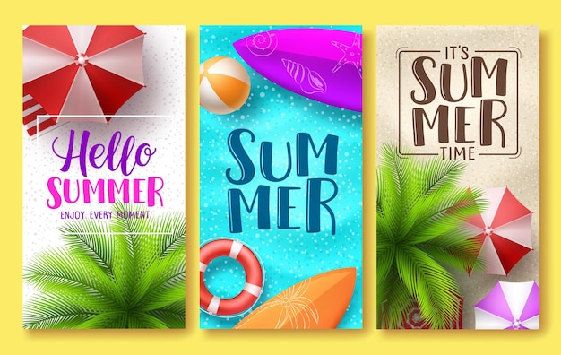 Sommerdesignvektorplakatsatz Hallo Sommergrußtext im Strandsandhintergrund