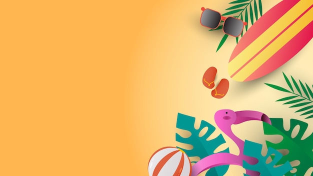 Sommerferien am Strand mit Surfbrett und Flamingo