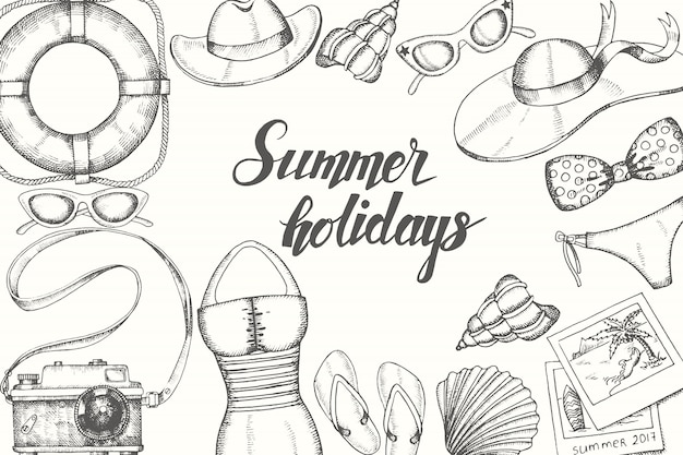 Vektor sommerferien mit hand gezeichneten gekritzelweinlesegegenständen. hand geschrieben