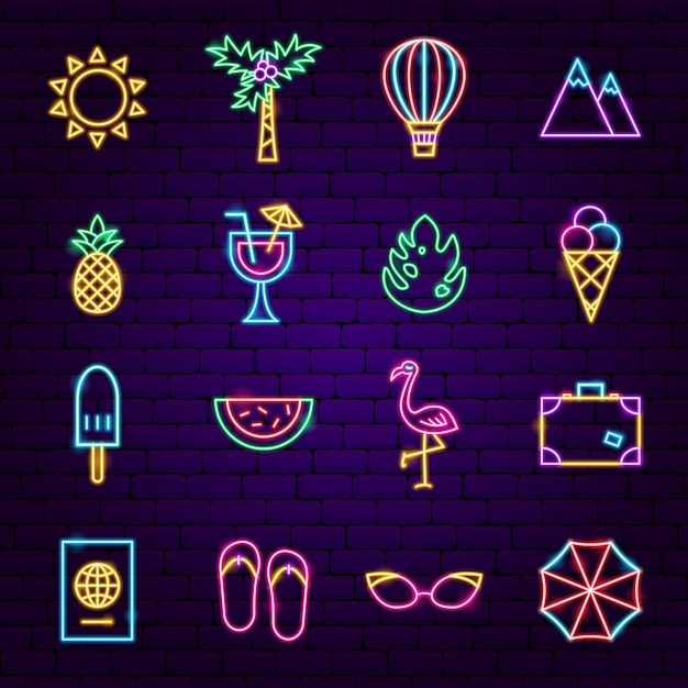 Sommerferien-neon-icons. vektor-illustration der reiseförderung.