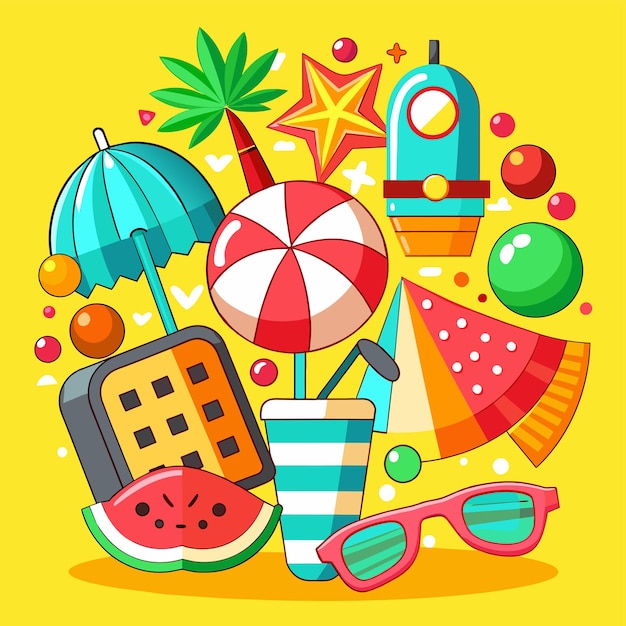 Vektor sommerferien, urlaubsreisen, strandelemente, handgezeichnetes flaches, stilvolles cartoon-sticker-ikonenkonzept