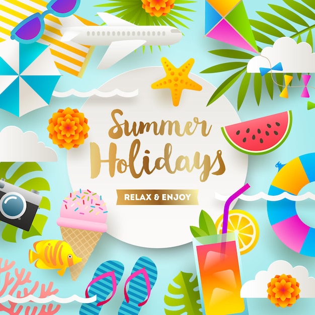 Sommerferienillustration mit Strandurlaubssachen und -einzelteilen