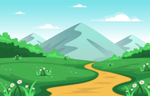 Sommergebirgsgrün-Naturfeldland-Himmelslandschaftsillustration