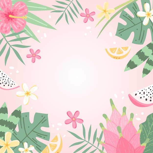 Vektor sommerhintergrund mit blumen und blättern, hibiskus und plumeria. handgezeichnete bunte vektorillustration