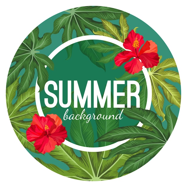 Vektor sommerhintergrund mit tropischen blättern und roter blumenvektorillustration im runden kreis. dschungellaub auf poster mit hibiskusblüte