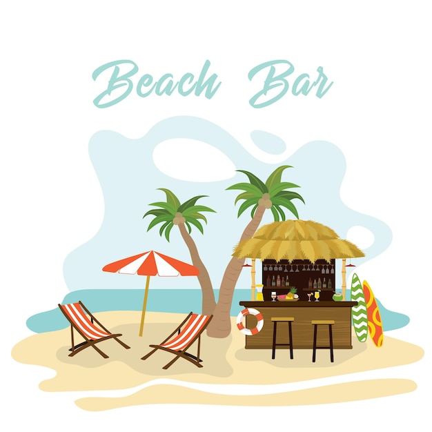 Sommerhintergrund Tropischer Strand mit Chaise-Lounges und Palmen