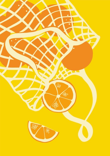 Sommerillustration mit einer weidentasche und orangen, die daraus fallen produkte von bauern aus der region