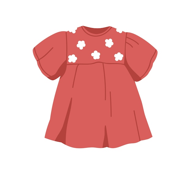 Sommerkleid für kinder. mädchen-kinderkleidung mit blumen verziert. kleine mädchenhafte kleidung, modisches tragen. modernes, mädchenhaftes kinderkleidungsstück. flache vektordarstellung isoliert auf weißem hintergrund