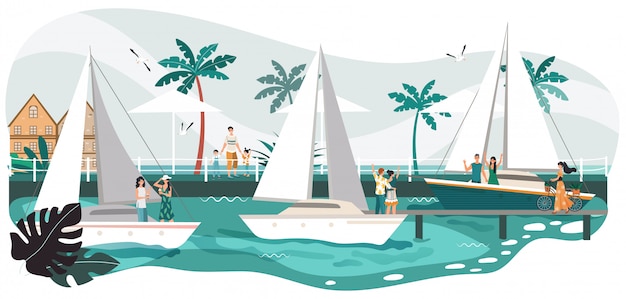 Sommerlandschaft der Strandpromenade, Leute auf Yacht im Meer, tropisches Resort und Palmen auf Strandkarikaturillustration.