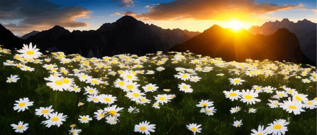 Sommerlandschaft feldmargueriten vor dem hintergrund berge wilde natur mit himmel mit wolken sonnenuntergang