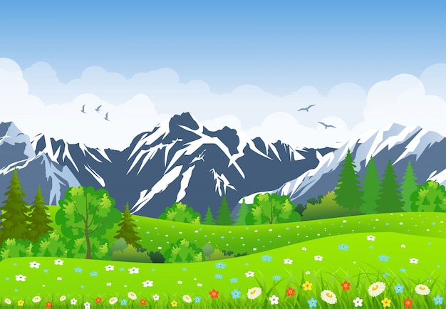 Sommerlandschaft mit Wiesen und Bergen.