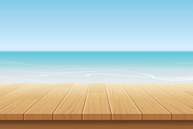 Sommerlicher Hintergrund, blauer Himmel mit Meer und Holz für Produktpräsentationsmontagen