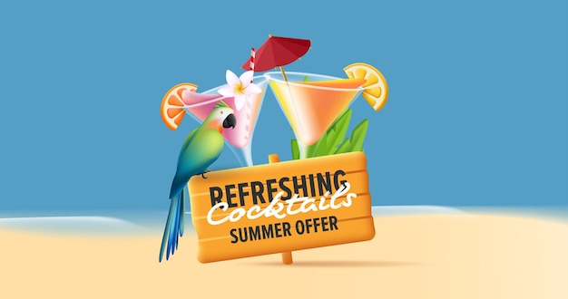 Sommerliches Cocktail-Piratenparty-Poster mit 3D-Margarita-Cocktail mit Papagei und Holzbrett mit Werbetext
