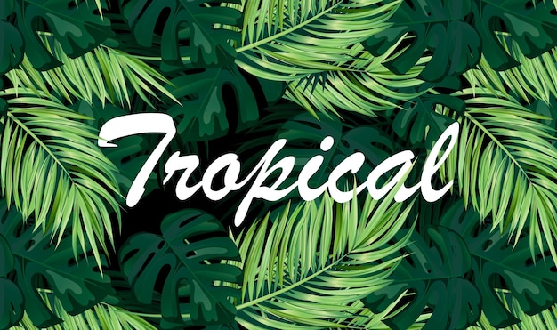 Sommerliches tropisches vektordesign für banner oder flyer mit dunkelgrünen palmblättern und schriftzug vektorillustration