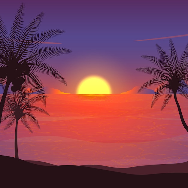 Vektor sommernacht, sonnenuntergangstrandillustration.