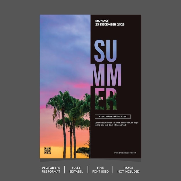 Sommerparty-flyer-vektordesign mit einem sonnenuntergang-strandhintergrund