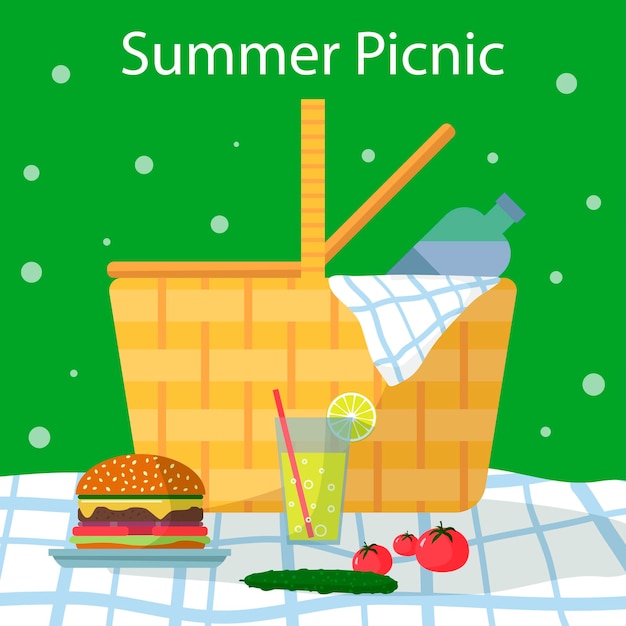 Sommerpicknick im Park Picknickkorb mit Wein auf einer Tischdecke auf dem Rasen und Weinglas Apfelkirschbirne