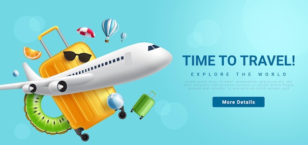 Sommerreise-Zeitvektor-Banner-Design Reisezeit-Text mit Flugzeugbagage und Floaters